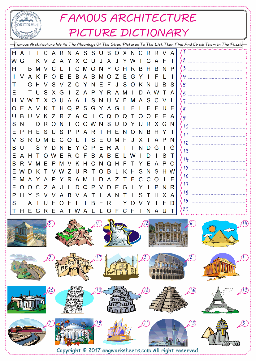  For kids, check the picture of Famous Architecture find, and write the word and find it in the word puzzle ESL printable worksheet. 